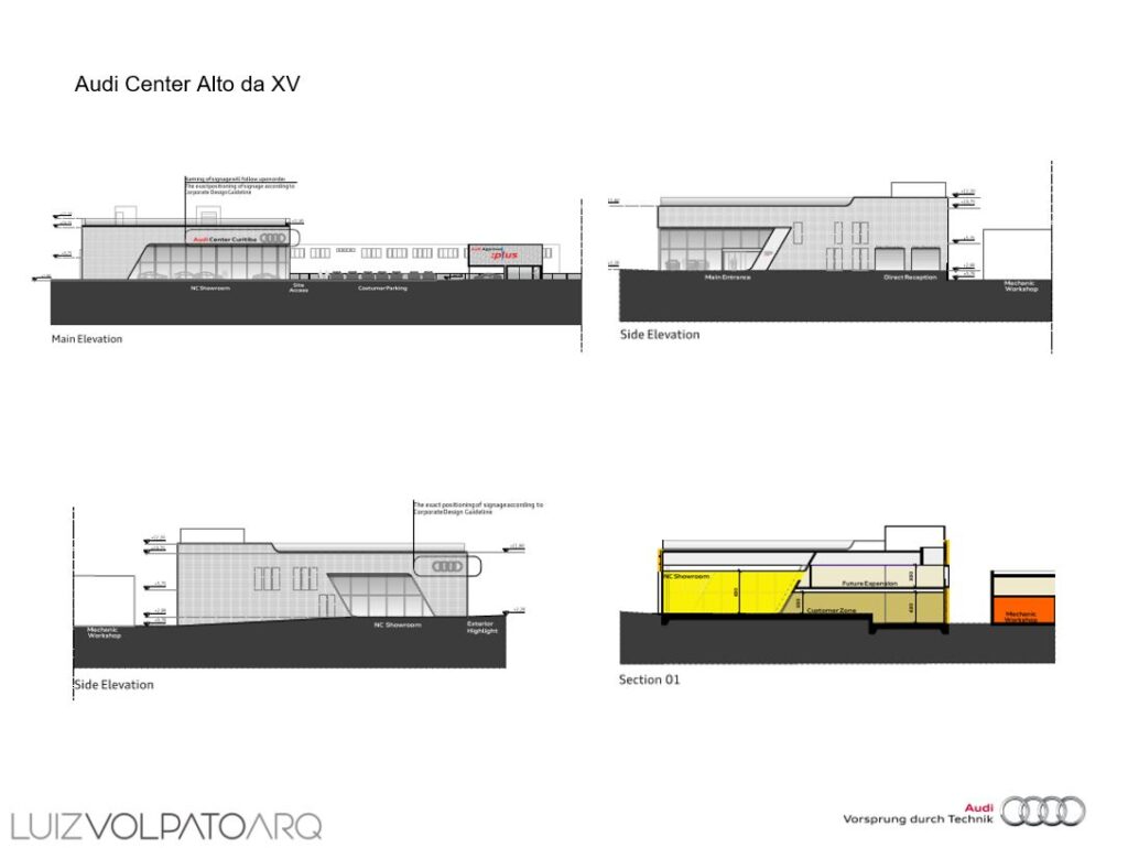 Planta arquitetônica do Audi Center Alto da XV. Inclui elevações principais e laterais, e detalhes de seção. Os desenhos apresentam dimensões rotuladas, posicionamentos de janelas, portas e elementos estruturais. A marca e o logotipo estão presentes, com o nome do arquiteto na parte inferior. - Luiz Volpato Arquitetura