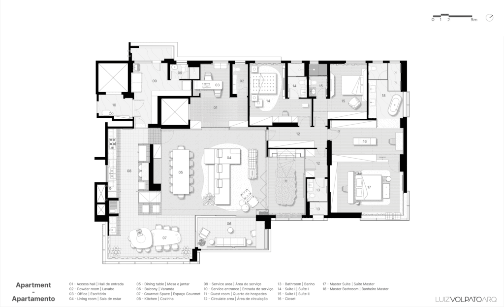 Planta baixa arquitetônica vista de cima de um apartamento, com os cômodos identificados pelos números de 01 a 18. O layout apresenta uma ampla área central de sala de estar e cozinha, vários quartos, banheiros e uma varanda, com uma barra de escala no canto superior direito. - Luiz Volpato Arquitetura