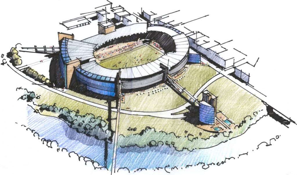 Vista aérea ilustrada de um estádio moderno com um design circular, cercado por espaços verdes e caminhos. A estrutura inclui arcos proeminentes e assentos em camadas. Um rio corre em primeiro plano, e o telhado branco contrasta com a vegetação e os elementos arquitetônicos ao redor. - Luiz Volpato Arquitetura