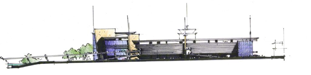 Desenho arquitetônico de um edifício moderno. As características incluem uma estrutura horizontal longa e plana, janelas grandes e vários elementos verticais que lembram mastros. O edifício está situado em uma paisagem suavemente inclinada com árvores e vegetação espalhadas à esquerda. - Luiz Volpato Arquitetura