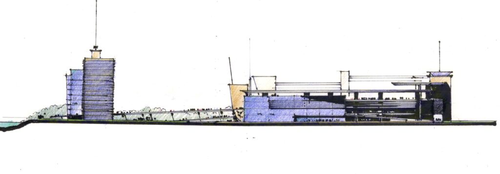 Desenho arquitetônico de um edifício modernista com uma estrutura longa e horizontal e uma torre vertical alta à esquerda. O design inclui telhados planos, uso extensivo de vidro e uma antena proeminente. Paisagismo com árvores circunda o edifício, em um fundo branco. - Luiz Volpato Arquitetura