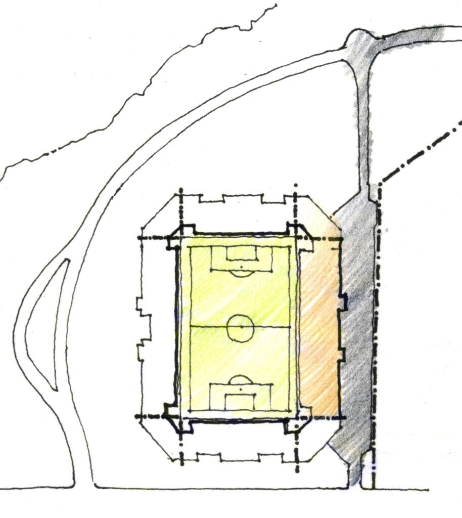 Um esboço de planta arquitetônica de um campo de futebol retangular está centralizado. Ele mostra caixas de gol, áreas de penalidade e um círculo de linha média. O contorno do estádio circunda o campo. Caminhos curvam-se ao redor do canto superior esquerdo e direito, indicando rotas de acesso. Uma área está sombreada em laranja no lado direito. - Luiz Volpato Arquitetura