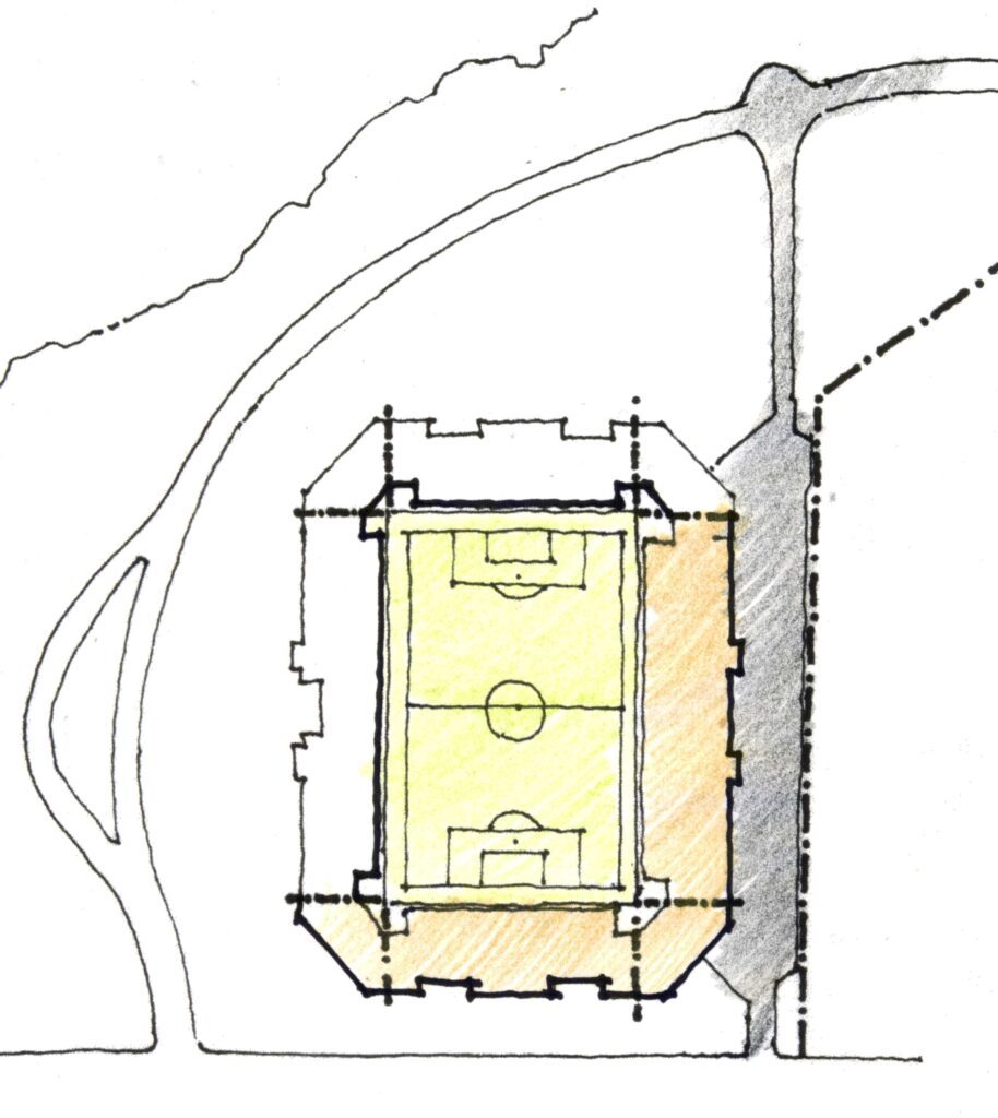 Uma planta baixa esboçada de um estádio com um campo de futebol verde retangular no centro. As áreas de assentos são sombreadas em bege ao redor do campo. Estradas curvas são desenhadas à esquerda, conectando-se a uma área sombreada escura à direita, lembrando um estacionamento ou área de entrada. - Luiz Volpato Arquitetura