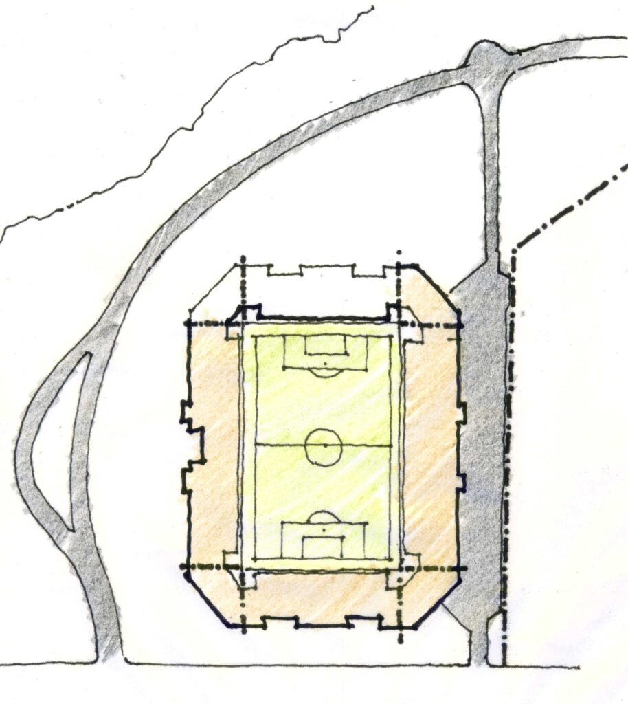 Um layout de estádio desenhado à mão em lápis de cor mostra um campo retangular com marcações de futebol, cercado por arquibancadas. Estradas e caminhos curvos margeiam o estádio, com uma estrada no canto superior direito conectando-se a uma rua mais larga. O fundo é sombreado levemente para contraste. - Luiz Volpato Arquitetura