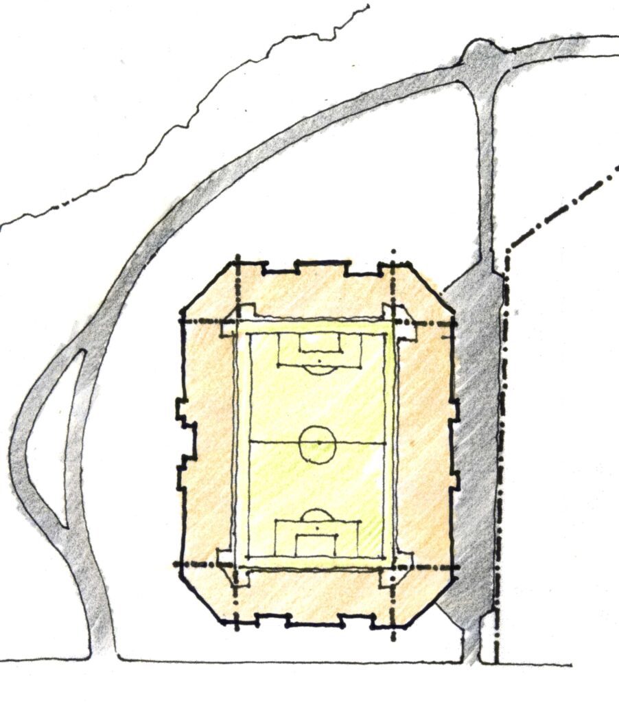 Um esboço arquitetônico desenhado à mão mostra um campo esportivo retangular com um círculo central marcado e gols em cada lado. Ele é cercado por uma estrutura de estádio. Uma estrada curva corre ao lado, com caminhos adicionais se ramificando nas proximidades. - Luiz Volpato Arquitetura