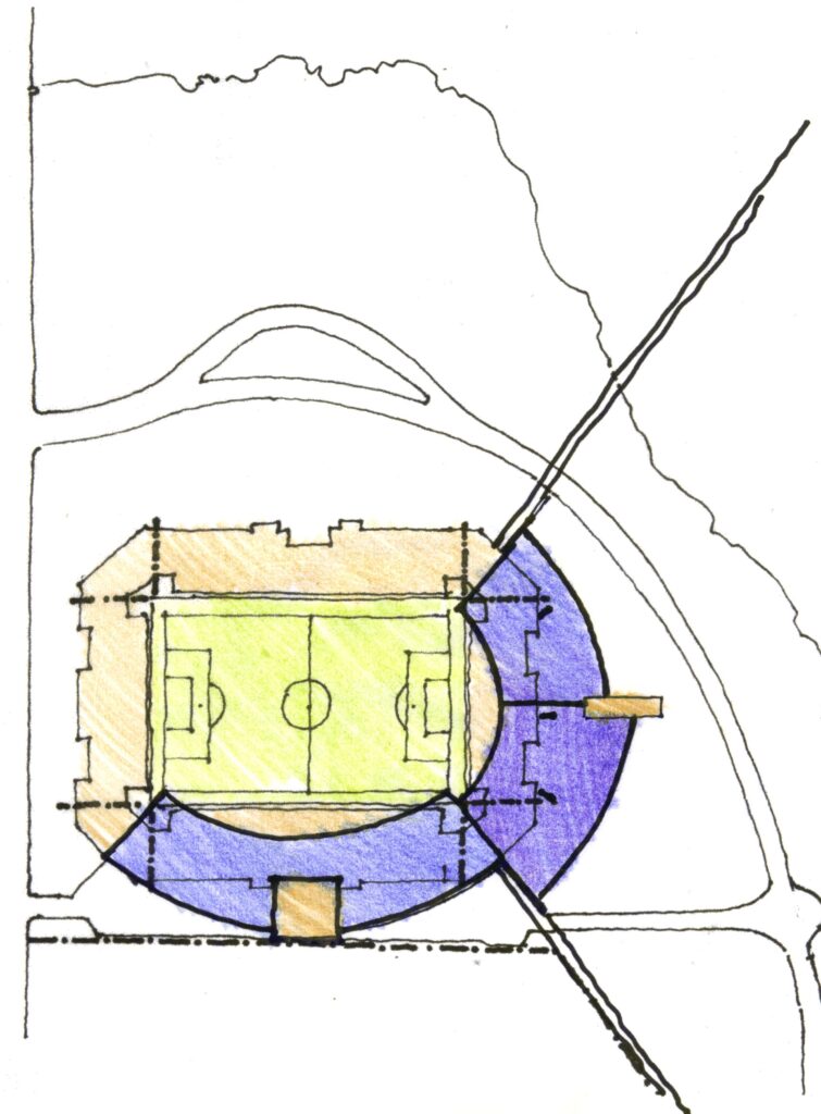 Um plano de estádio desenhado à mão com um campo verde dentro de uma estrutura retangular. O estádio é cercado por uma área circular sombreada em roxo e marrom, com duas estradas curvas cruzadas. Árvores são esboçadas na seção superior. Setas indicam possíveis direções ou movimentos. - Luiz Volpato Arquitetura