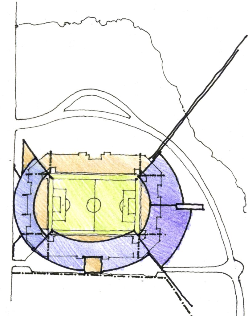 Um plano arquitetônico desenhado à mão mostra um estádio circular com um campo de futebol no centro. O estádio é cercado por um anel externo azul e um anel interno amarelo. Estradas e caminhos são esboçados ao redor da estrutura, com algumas linhas de intersecção indicando possíveis rotas ou linhas visuais. - Luiz Volpato Arquitetura