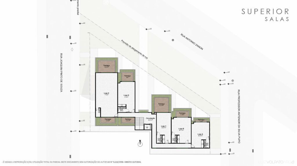 Planta das “Salas Superiores” com cinco salas denominadas “Recepção”, “Terapias”, “Terapia” e “Consultório”. Inclui escadas e jardim vertical. São visíveis caminhos e linhas estruturais, com nomes de ruas “Rua Antonio Facion” e “Rua Professor Antonio Grava Alves Viera. - Luiz Volpato Arquitetura