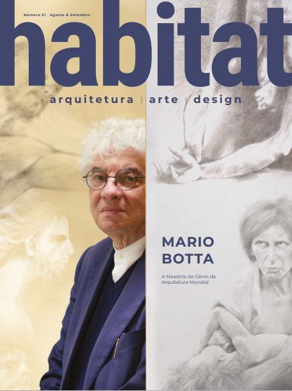 Capa da revista "habitat" com um homem mais velho de óculos e terno, de pé ao lado de um esboço de um indivíduo pensativo. O texto diz "MARIO BOTTA" e "A Maestria do Gênio da Arquitetura Mundial", destacando arquitetura, arte e design. Edição número 21, agosto e setembro. - Luiz Volpato Arquitetura