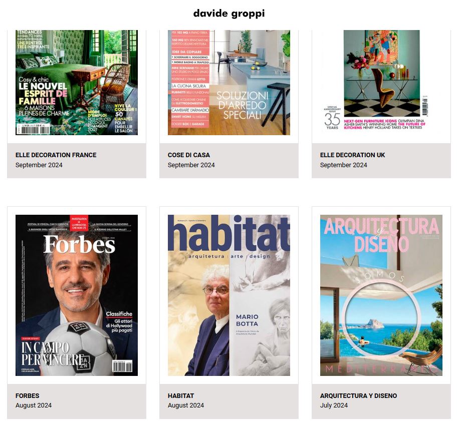 Uma colagem de seis capas de revistas, incluindo Elle Decoration France, Cose di Casa e Elle Decoration UK de setembro de 2024; Forbes de setembro de 2024; Habitat de agosto de 2024; e Arquitectura y Diseño de julho/agosto de 2024. Cada uma apresenta diferentes temas de design e arquitetura. - Luiz Volpato Arquitetura