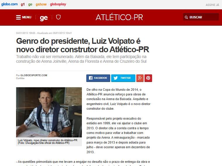 Captura de tela da reportagem intitulada "Genro do presidente, Luiz Volpato é novo diretor construtor do Atlético-PR" do globoesporte.globo.com. Inclui a foto de um homem, Luiz Volpato, sentado em um ambiente fechado. O artigo discute sua nova função e projetos relacionados à construção de estádios. - Luiz Volpato Arquitetura