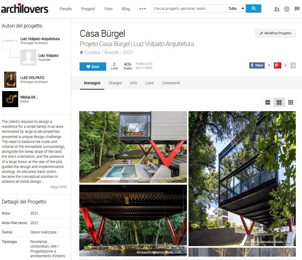 Uma página da web no Archilovers apresenta a Casa Bürgel, de Luiz Volpato Arquitetura. Ela inclui uma descrição e três imagens da casa, exibindo um design moderno com grandes seções de vidro e vigas vermelhas, em meio a uma vegetação exuberante. A página detalha o projeto em Curitiba, Brasil, concluído em 2021. - Luiz Volpato Arquitetura