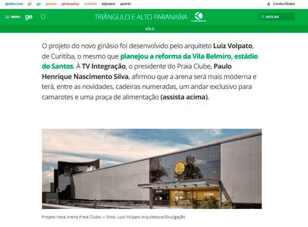 Captura de tela de uma página da web com um artigo sobre um novo projeto de arena esportiva em Uberlândia. A imagem mostra o design externo da arena, uma estrutura branca moderna com grandes seções de vidro e um emblema circular perto da entrada. A página inclui links de navegação e texto sobre o arquiteto Luiz Volpato. - Luiz Volpato Arquitetura