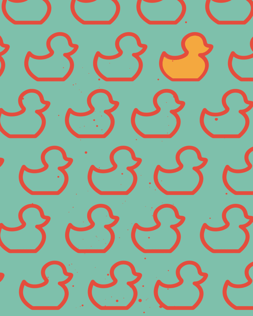 Um plano de fundo azul-petróleo com um padrão repetitivo de contornos de patos de borracha vermelhos. Um pato próximo ao canto superior direito é preenchido com amarelo sólido, destacando-se dos demais. Pequenas manchas vermelhas estão espalhadas pelo plano de fundo. - Luiz Volpato Arquitetura