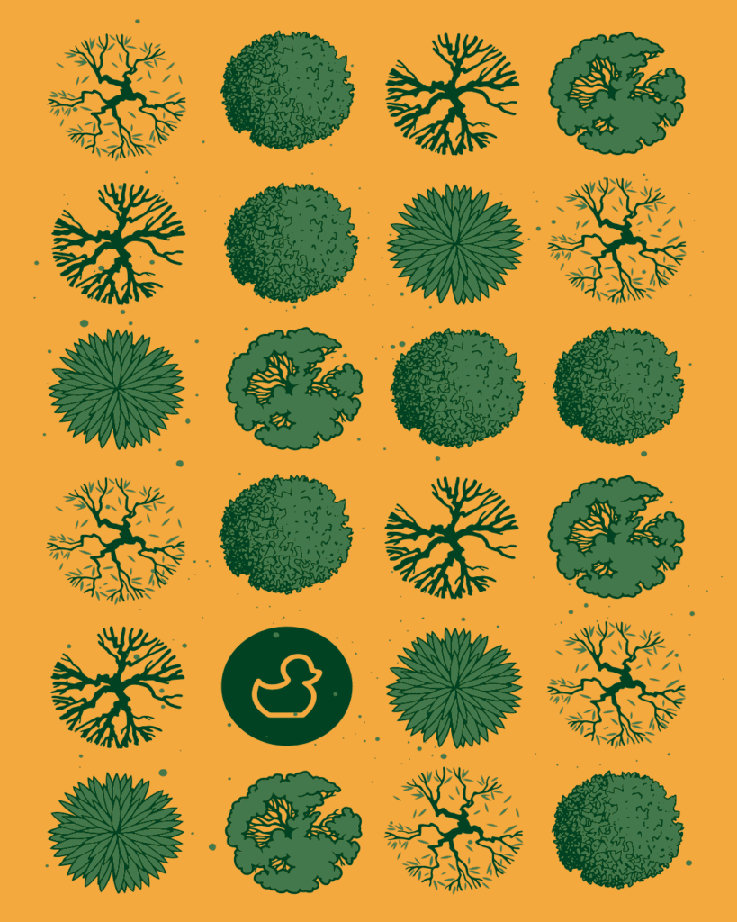 Uma grade de 5x5 de ilustrações de árvores e arbustos verdes em vista superior sobre um fundo laranja. Um círculo na quarta linha, segunda coluna, contém um contorno de pato de borracha amarelo em vez de folhagem. O restante são vários desenhos de folhas ou ramos. - Luiz Volpato Arquitetura