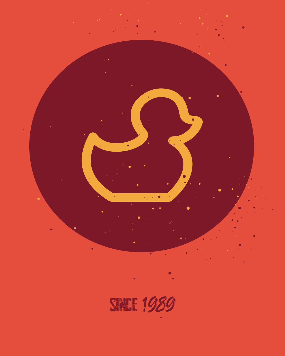 O contorno de um pato de borracha amarelo simples está centralizado dentro de um grande círculo marrom escuro em um fundo laranja com respingos de tinta. Abaixo do círculo, aparece o texto "SINCE 1989", com "SINCE" em preto e "1989" em marrom. - Luiz Volpato Arquitetura