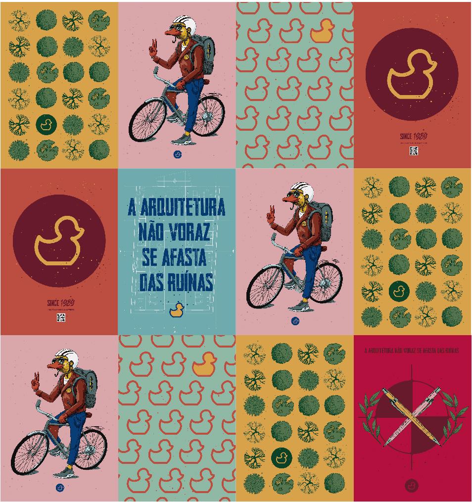 Uma colagem com padrões repetidos de círculos verdes, contornos de patos amarelos e um desenho animado de uma pessoa com cabeça de pássaro andando de bicicleta. O texto em português diz "A ARQUITETURA NÃO VORAZ SE AFASTA DAS RUÍNAS". A paleta inclui azul-petróleo, vermelho e amarelo. - Luiz Volpato Arquitetura