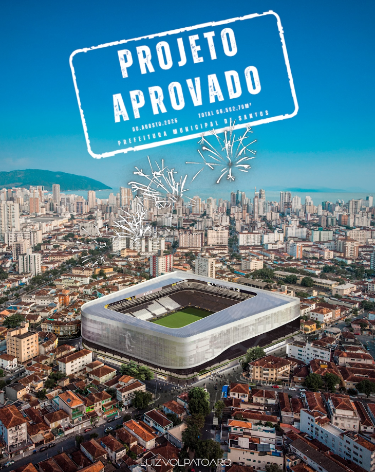 Vista aérea de uma cidade com um estádio moderno no centro. A imagem tem "PROJETO APROVADO" em grandes letras brancas na parte superior, gráficos de fogos de artifício e prédios da cidade ao fundo. O texto indica a aprovação do projeto pela prefeitura municipal de Santos. - Luiz Volpato Arquitetura