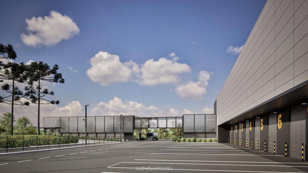 Uma instalação industrial moderna com um amplo estacionamento, docas de carga numeradas e um prédio conectado por uma passarela de vidro. Céu azul com nuvens, árvores à esquerda e um caminhão próximo ao prédio. A cena é limpa e organizada. - Luiz Volpato Arquitetura